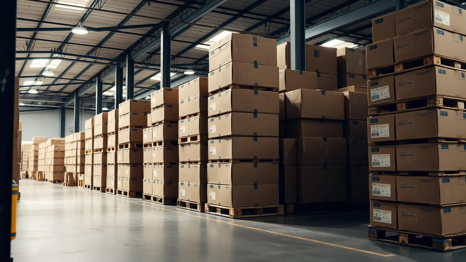 Warehouse with cardboard boxes on wooden pallets